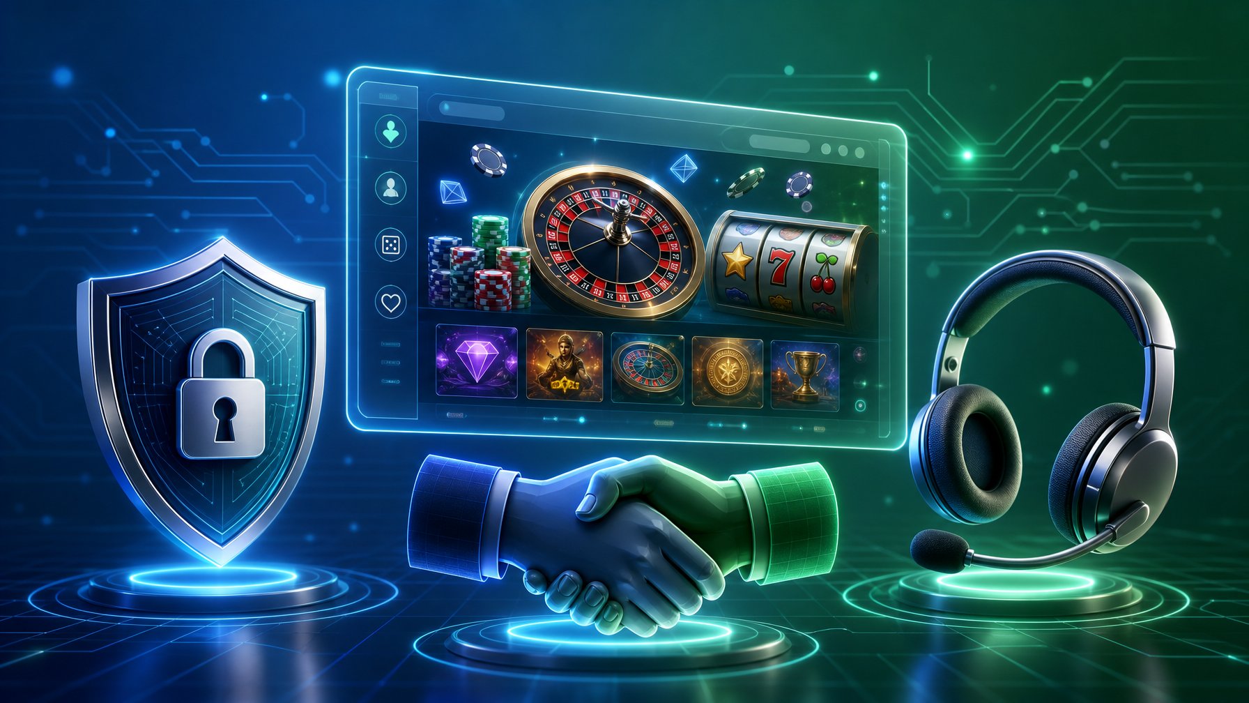 A Digital Screen Showing A Casino Interface Surrounded By Symbols Of Security, Support, And Fair Play, Including A Shield With A Padlock, Handshake, And Customer Service Headset.