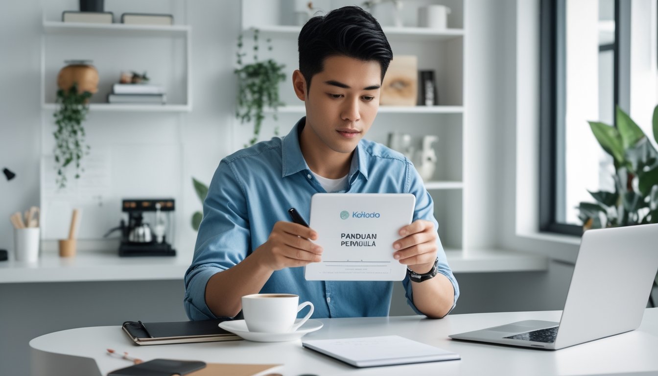 Seseorang sedang membaca panduan di meja kerja dengan laptop dan secangkir kopi di ruangan yang terang dan rapi.