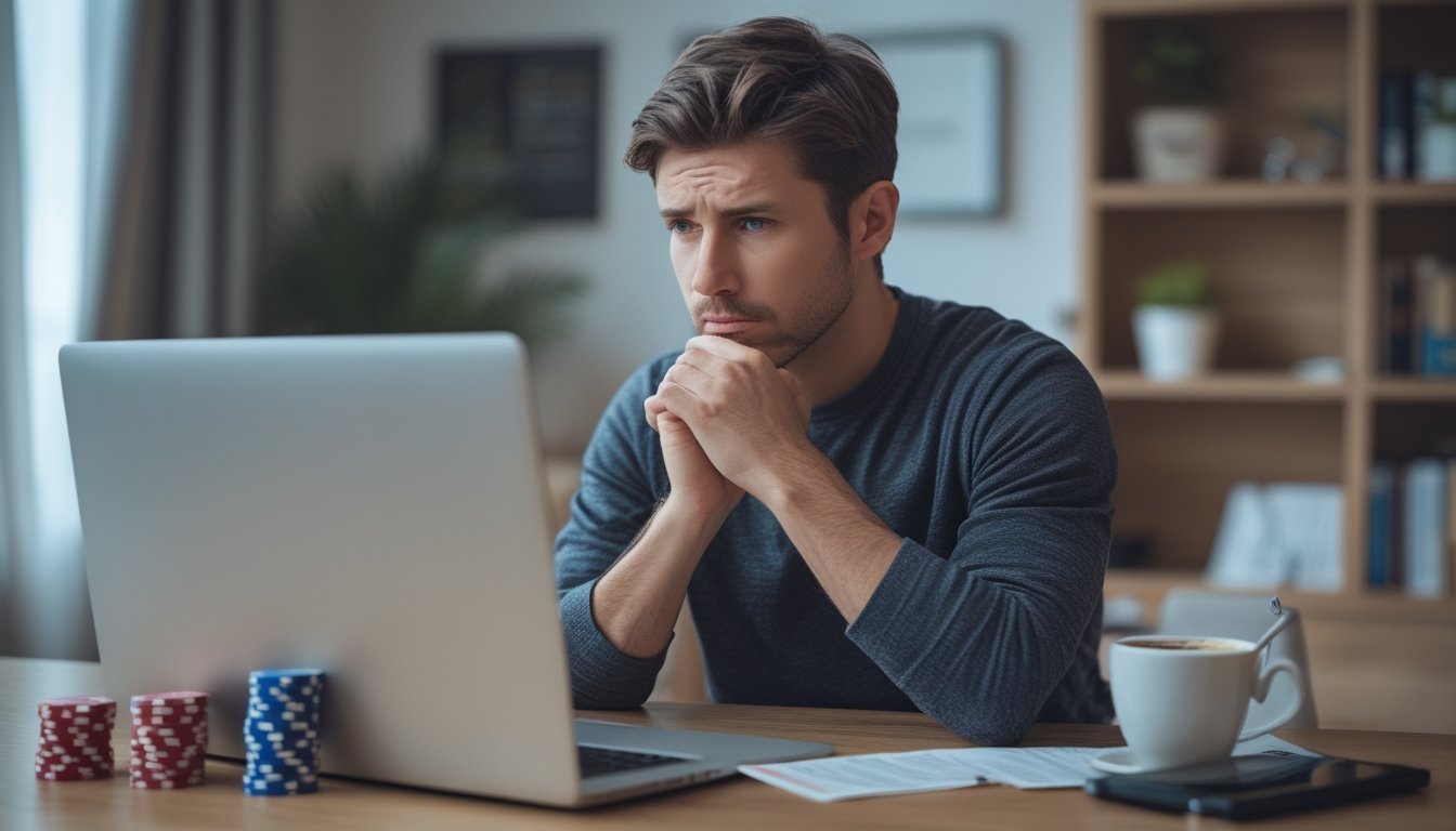 Seorang pria muda duduk di meja dengan ekspresi khawatir sambil melihat layar laptop yang menampilkan situs perjudian.