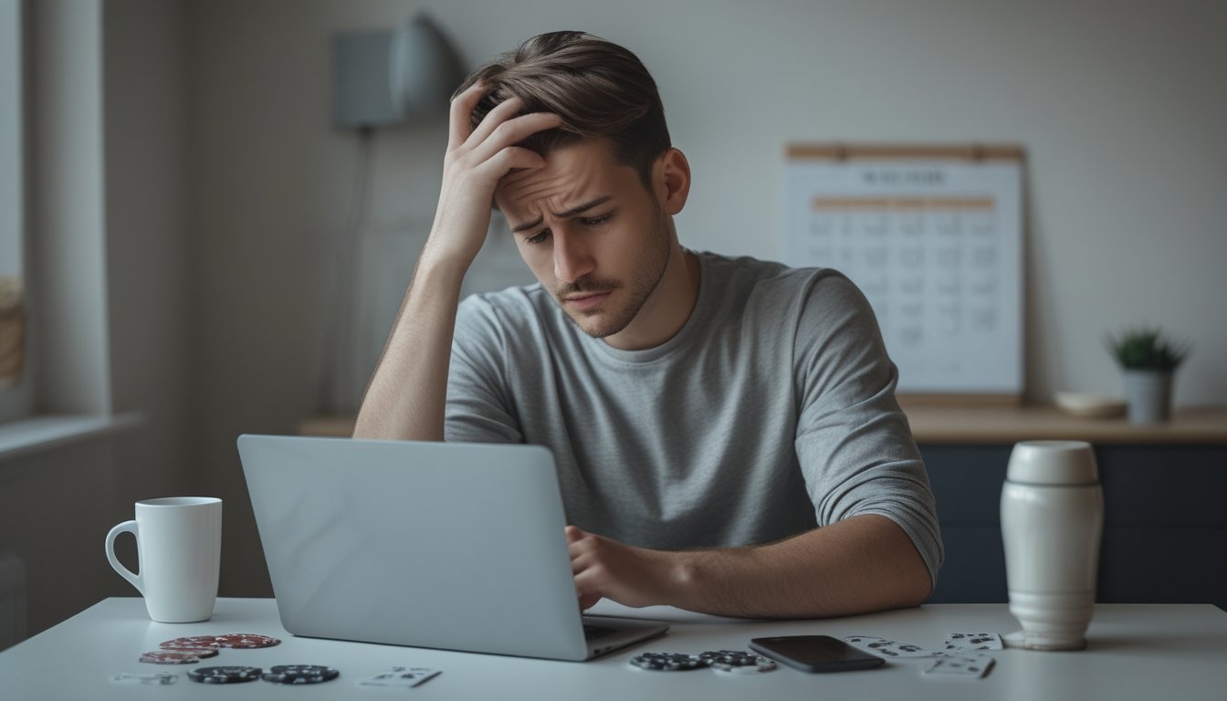 Seorang pria muda duduk di meja dengan laptop terbuka, tampak stres dan khawatir sambil memegang kepala, dikelilingi oleh kartu remi dan chip poker.
