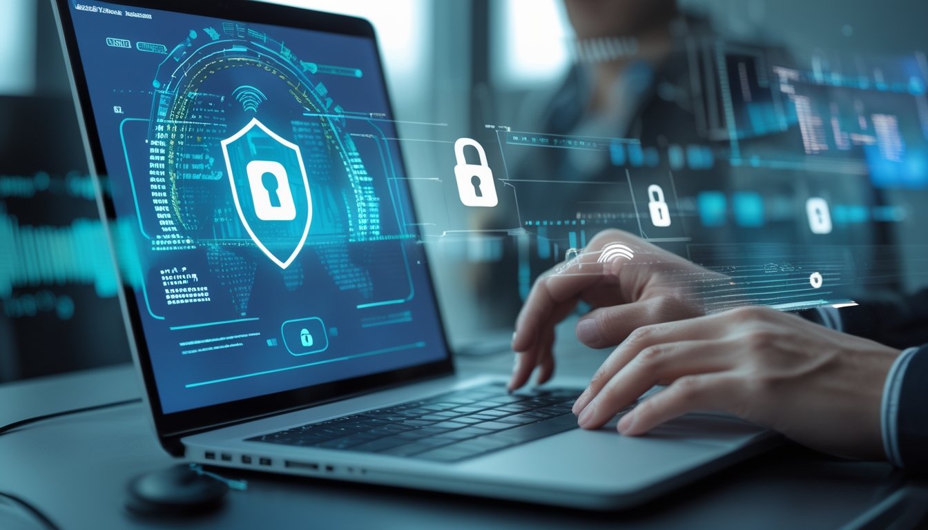 Seorang pengguna bekerja dengan laptop dan ponsel di meja, menampilkan simbol keamanan data dan privasi pada platform taruhan online.