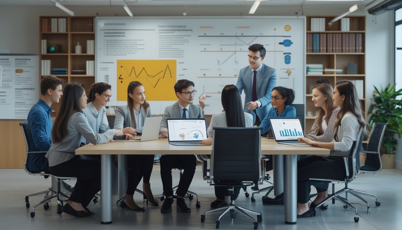 Sekelompok profesional muda sedang berdiskusi di ruang kantor modern dengan perangkat digital dan papan tulis di latar belakang.