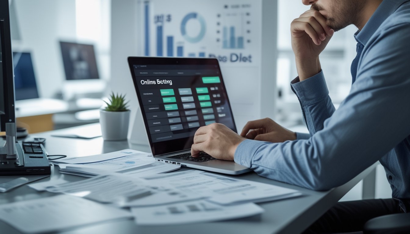 Seseorang duduk di meja kantor modern dengan laptop, fokus melihat layar sambil mempertimbangkan pilihan platform taruhan online.