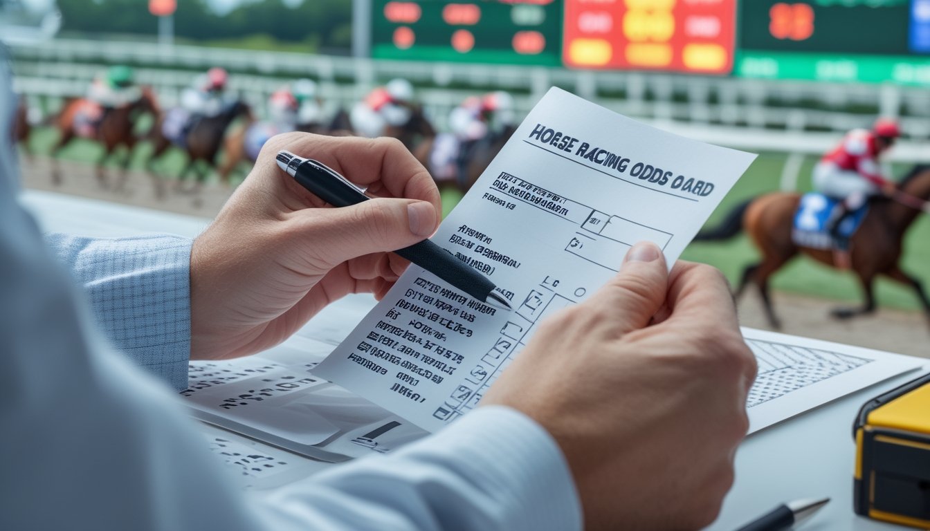 Seseorang memegang slip taruhan dan pena dengan papan odds pacuan kuda dan kuda berlomba di latar belakang.