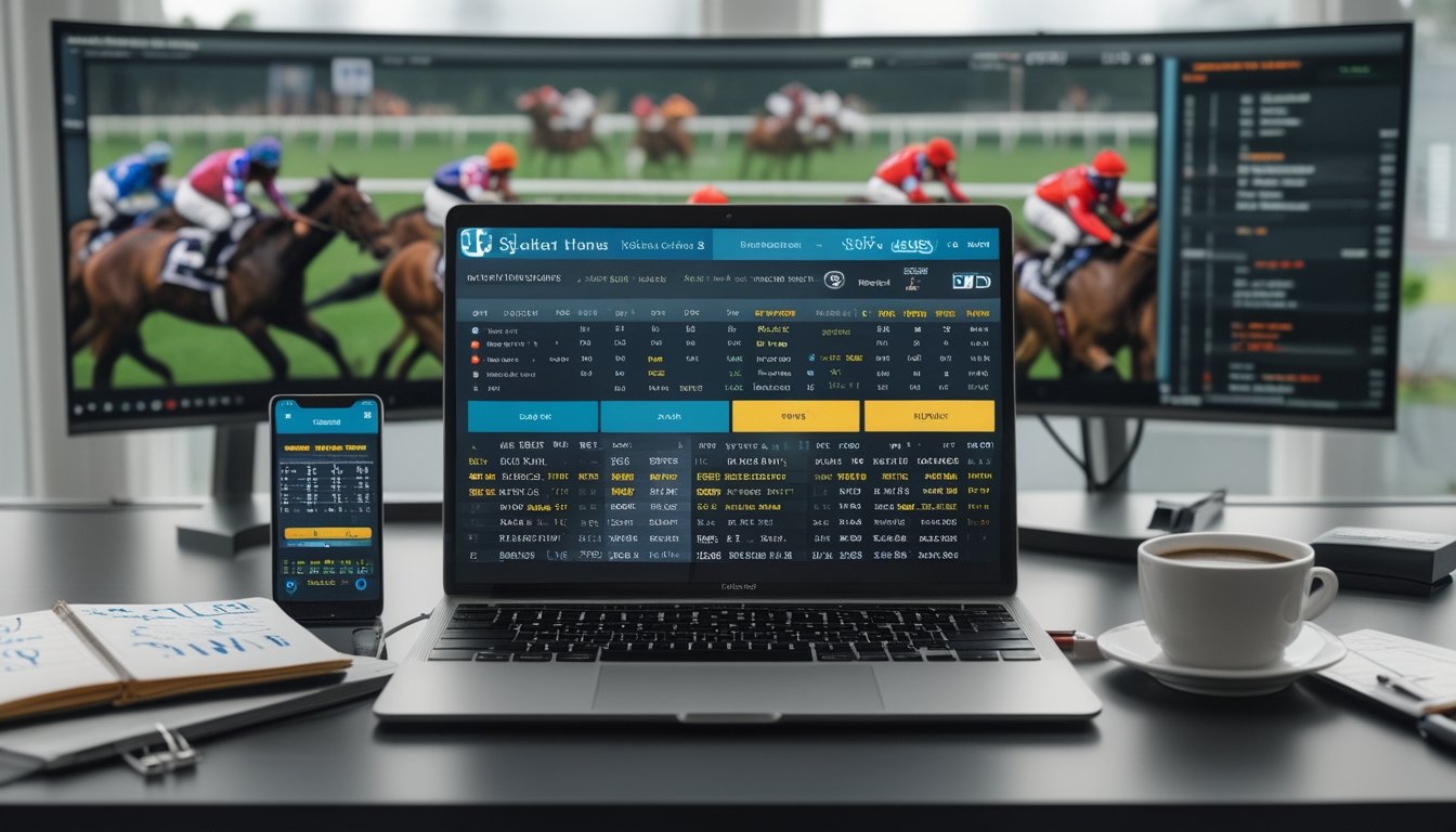 Seorang bettor profesional sedang menggunakan laptop dan smartphone untuk menganalisis data dan memasang taruhan pacuan kuda secara online di sebuah ruang kerja yang terang.