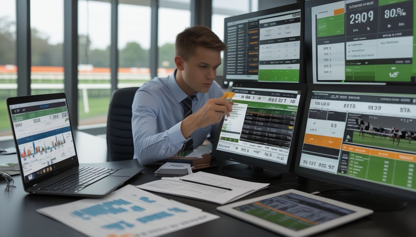 Seorang analis pacuan kuda sedang memeriksa data performa kuda di layar komputer di sebuah kantor modern dengan latar belakang lintasan pacuan kuda.