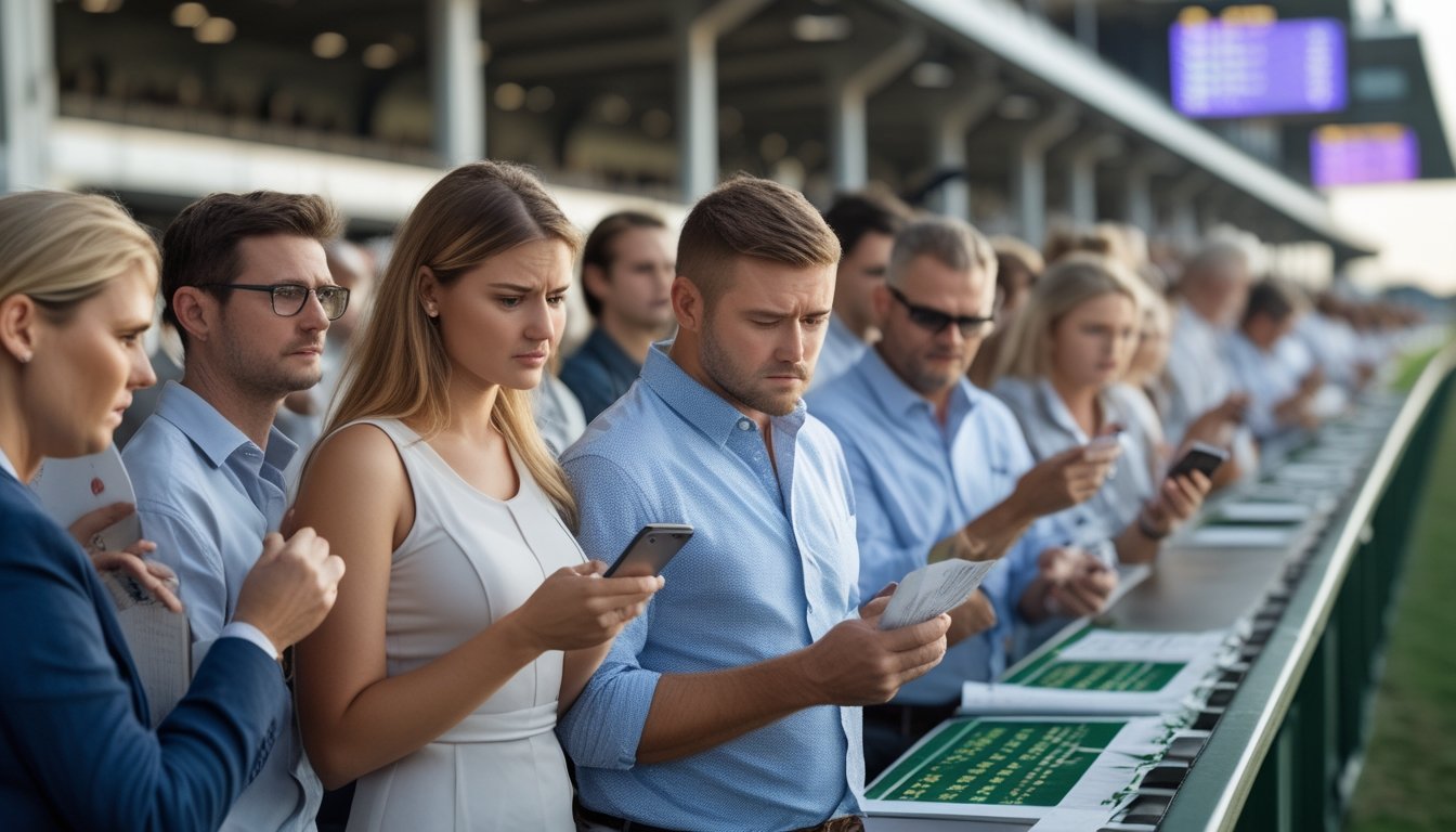 Orang-orang di arena pacuan kuda, beberapa terlihat bingung memegang tiket taruhan, sementara yang lain fokus mempelajari program balapan dan berdiskusi.
