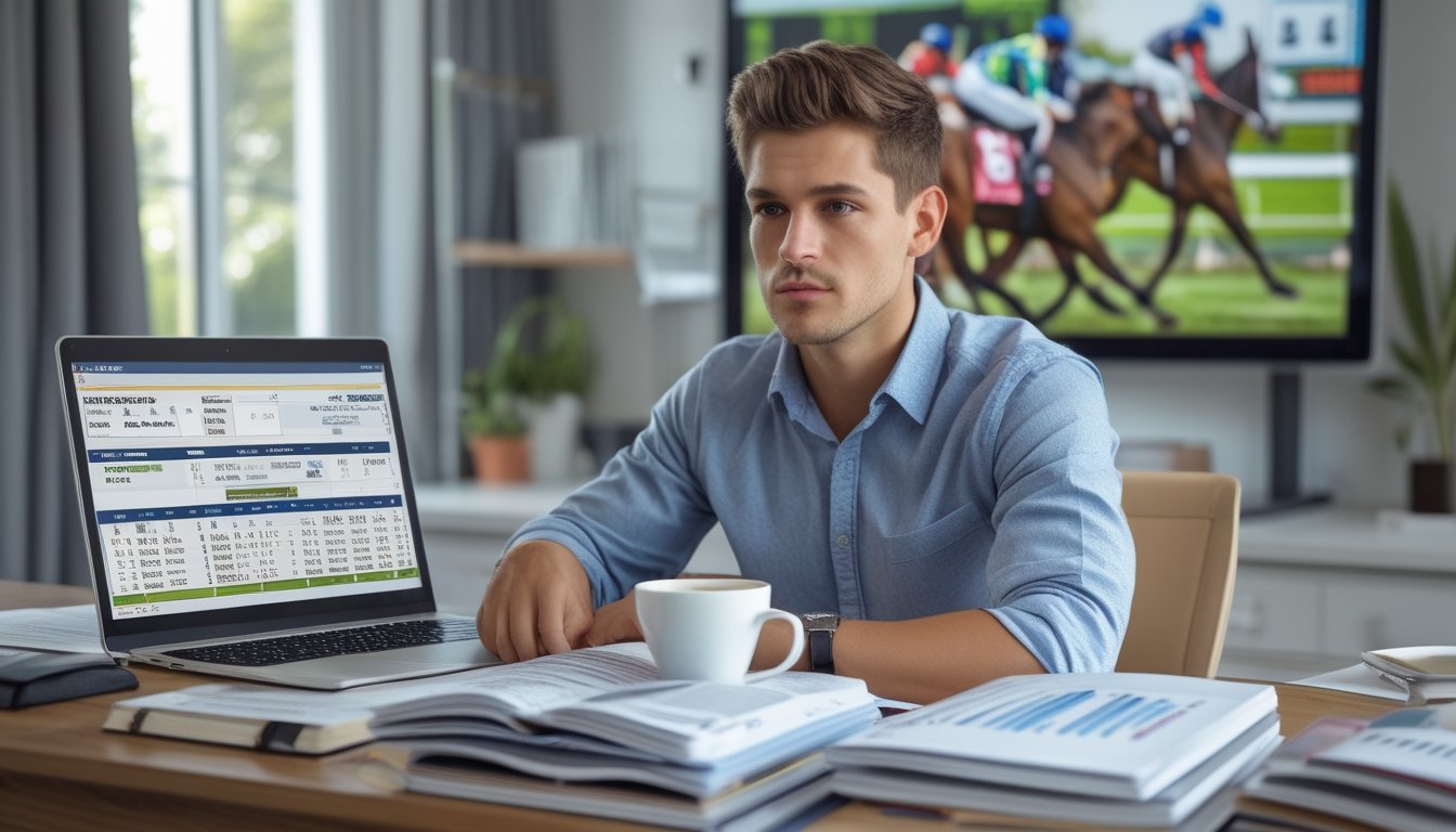Seorang pria muda duduk di meja kerja dengan laptop dan catatan, mempelajari data pacuan kuda di ruang kerja yang terang.