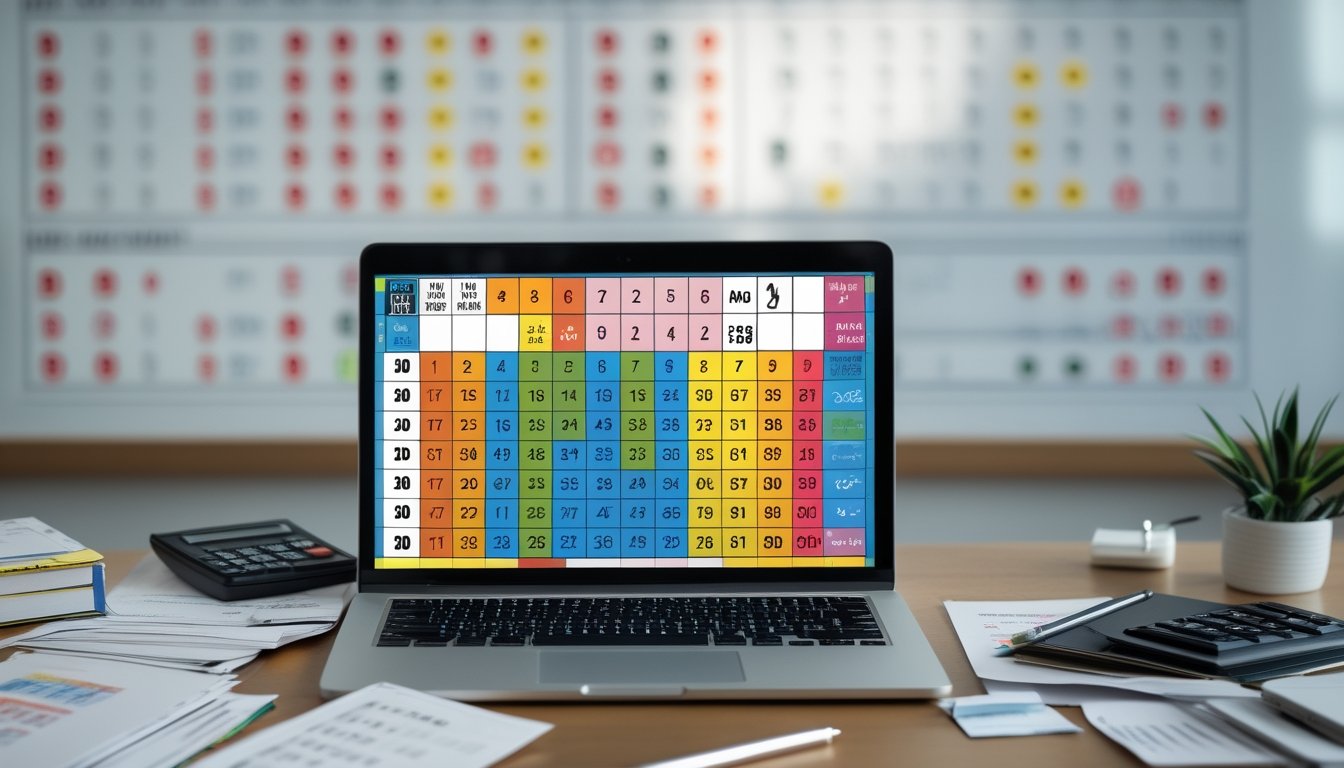 Meja kerja dengan laptop, dokumen, kalkulator, dan papan tulis yang menampilkan diagram dan angka terkait sistem togel 4D, 3D, dan 2D.