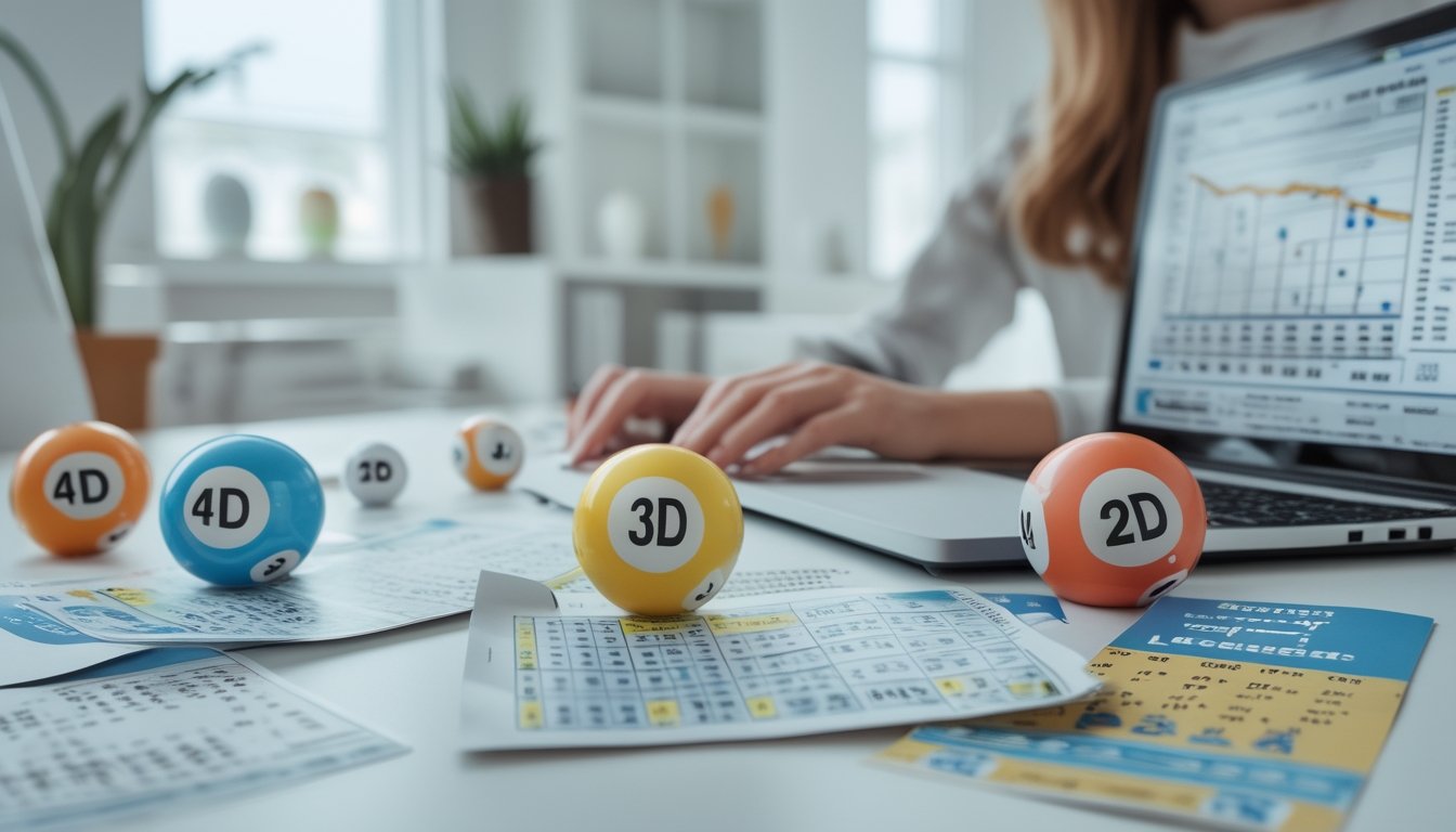 Seseorang sedang menganalisis tiket lotere dan grafik di meja kerja dengan bola lotere bernomor dan laptop yang menampilkan data statistik.