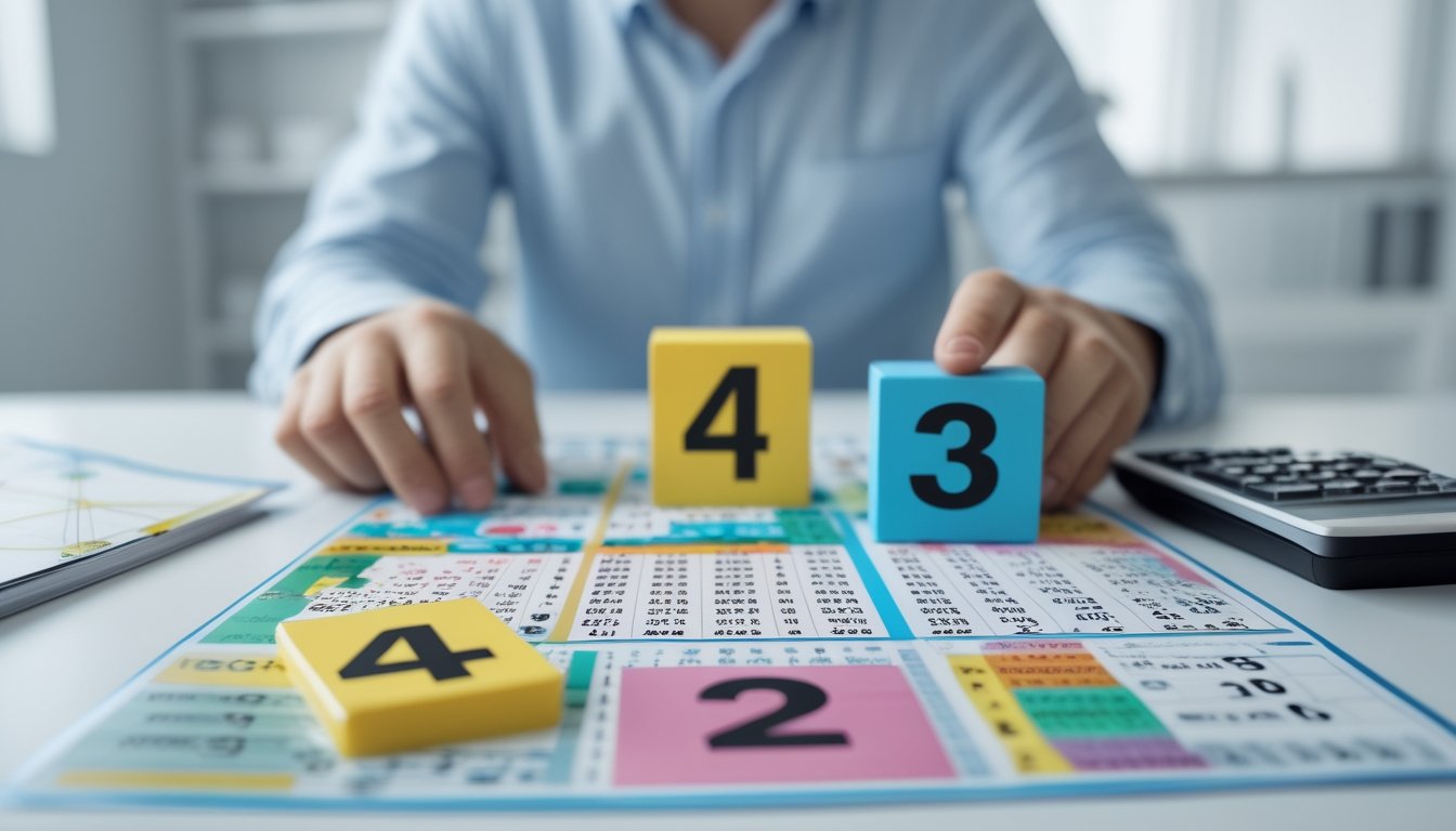 Seorang individu sedang menganalisis tiket togel dan grafik angka di meja kerja yang terang dengan bola togel dan kalkulator di latar belakang.