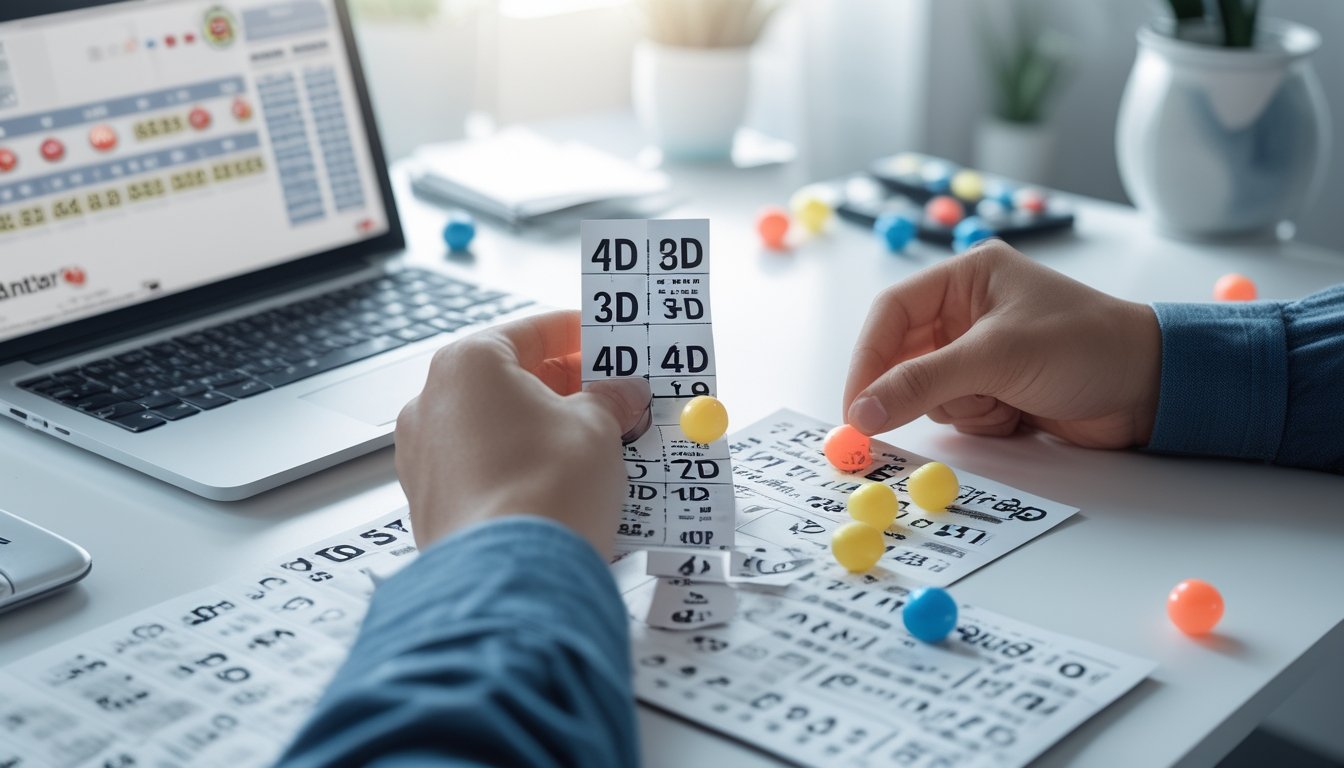 Seorang individu sedang menganalisis tiket lotere dan grafik angka di atas meja dengan bola lotere berwarna-warni di sekitarnya.