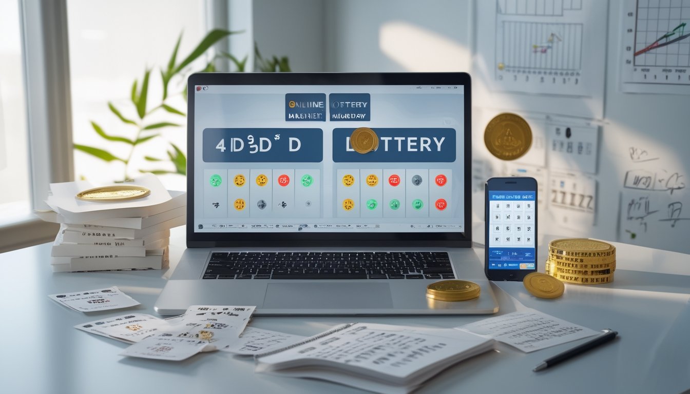 Sebuah meja kerja modern dengan laptop, tiket togel, dan ponsel yang menampilkan antarmuka aplikasi togel online.