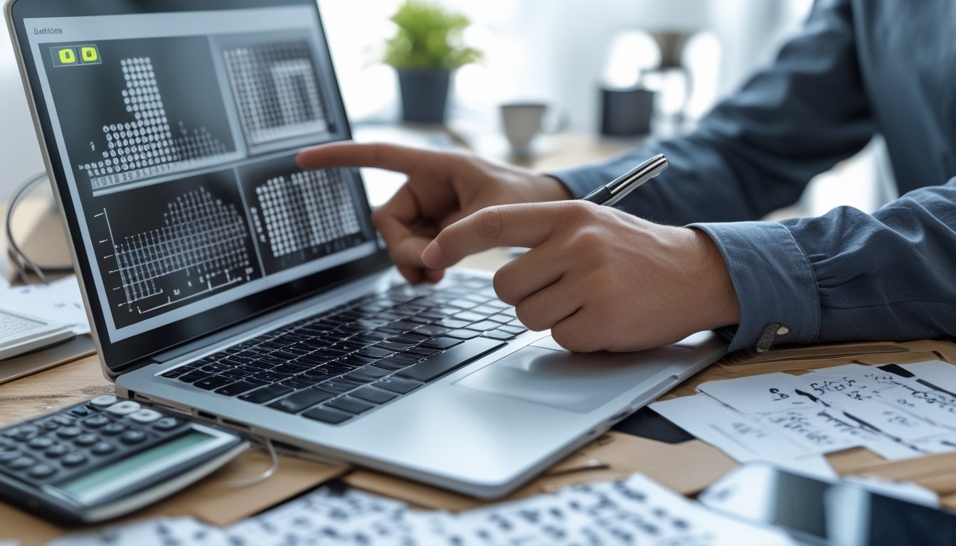 Meja kerja dengan laptop yang menampilkan grafik dan catatan angka togel, tangan seseorang menunjuk layar sambil memegang pena.