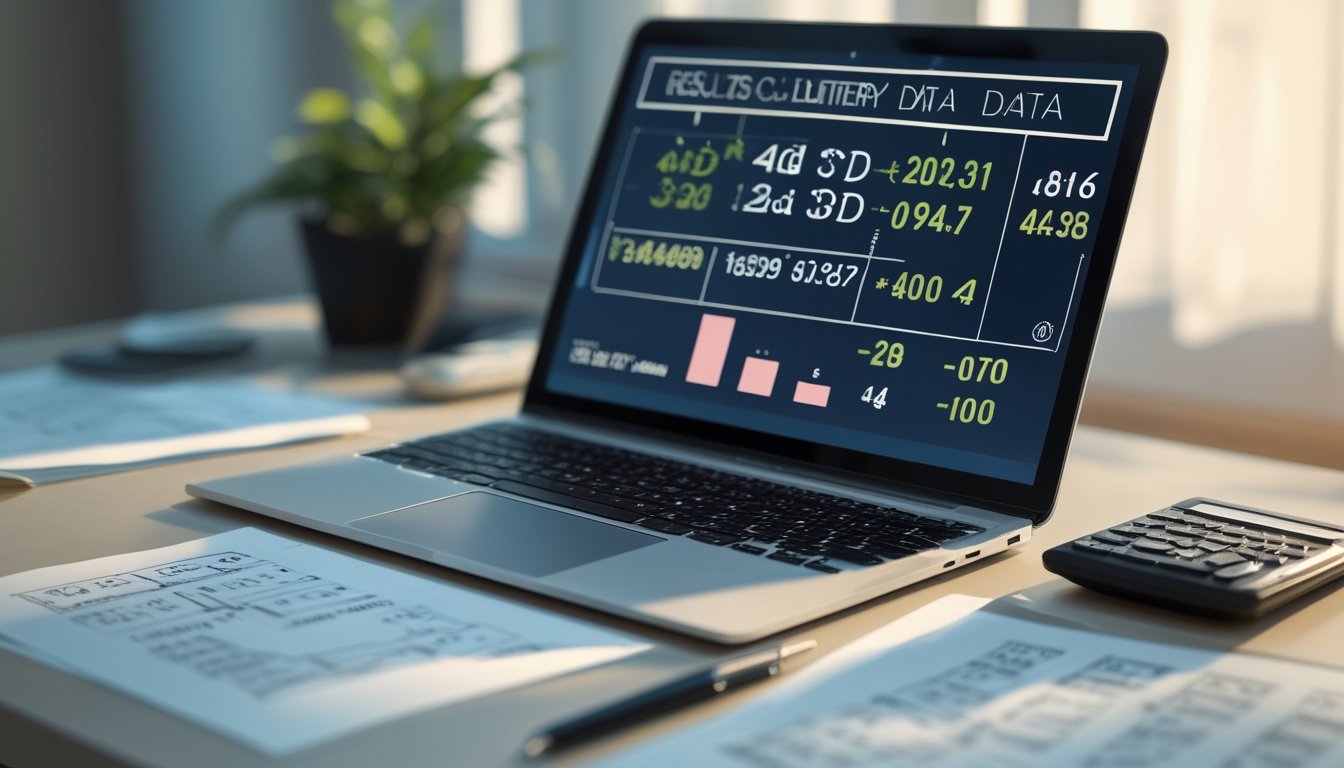 Meja kerja dengan laptop yang menampilkan data hasil togel dan beberapa kertas berisi angka, dengan kalkulator dan pena di sampingnya.
