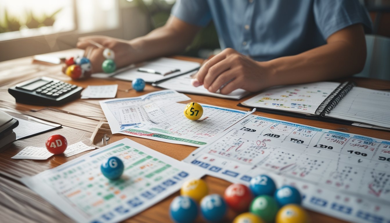 Seorang pria duduk di meja dengan tiket togel, bola bernomor warna-warni, kalkulator, dan catatan, sedang menganalisis permainan togel.