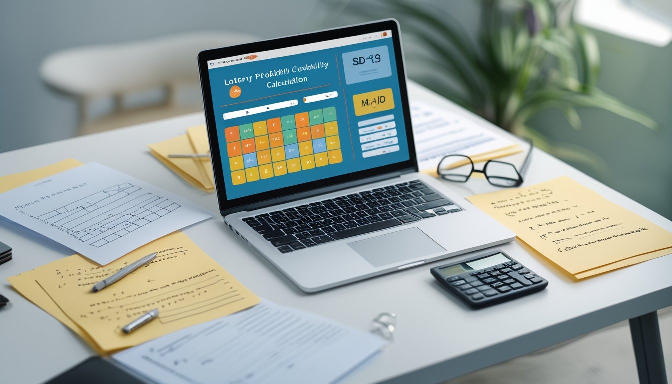 Meja kerja dengan laptop, kertas catatan, kalkulator, dan alat tulis untuk menghitung peluang togel 2D, 3D, dan 4D.