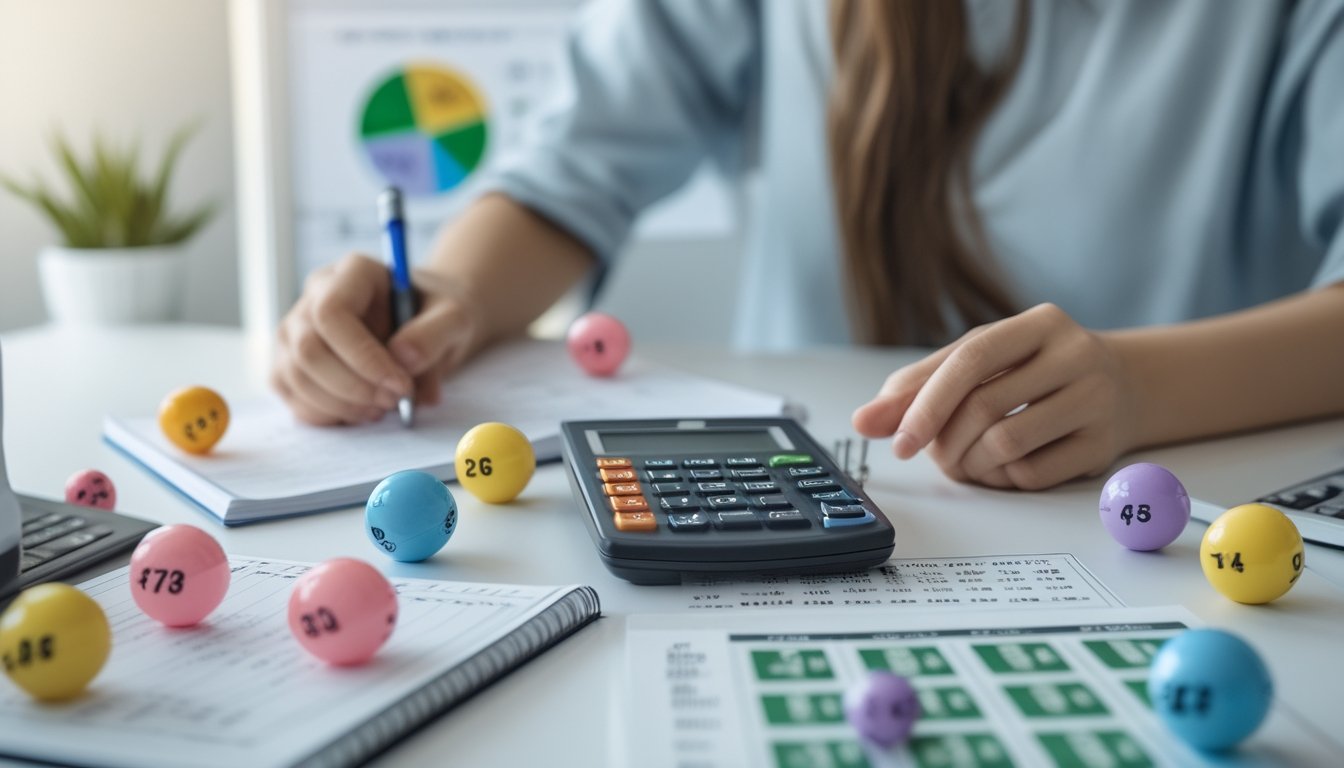 Seorang pria sedang menghitung peluang dengan kalkulator dan buku catatan di meja yang terdapat bola lotere berwarna-warni dan laptop dengan grafik peluang.