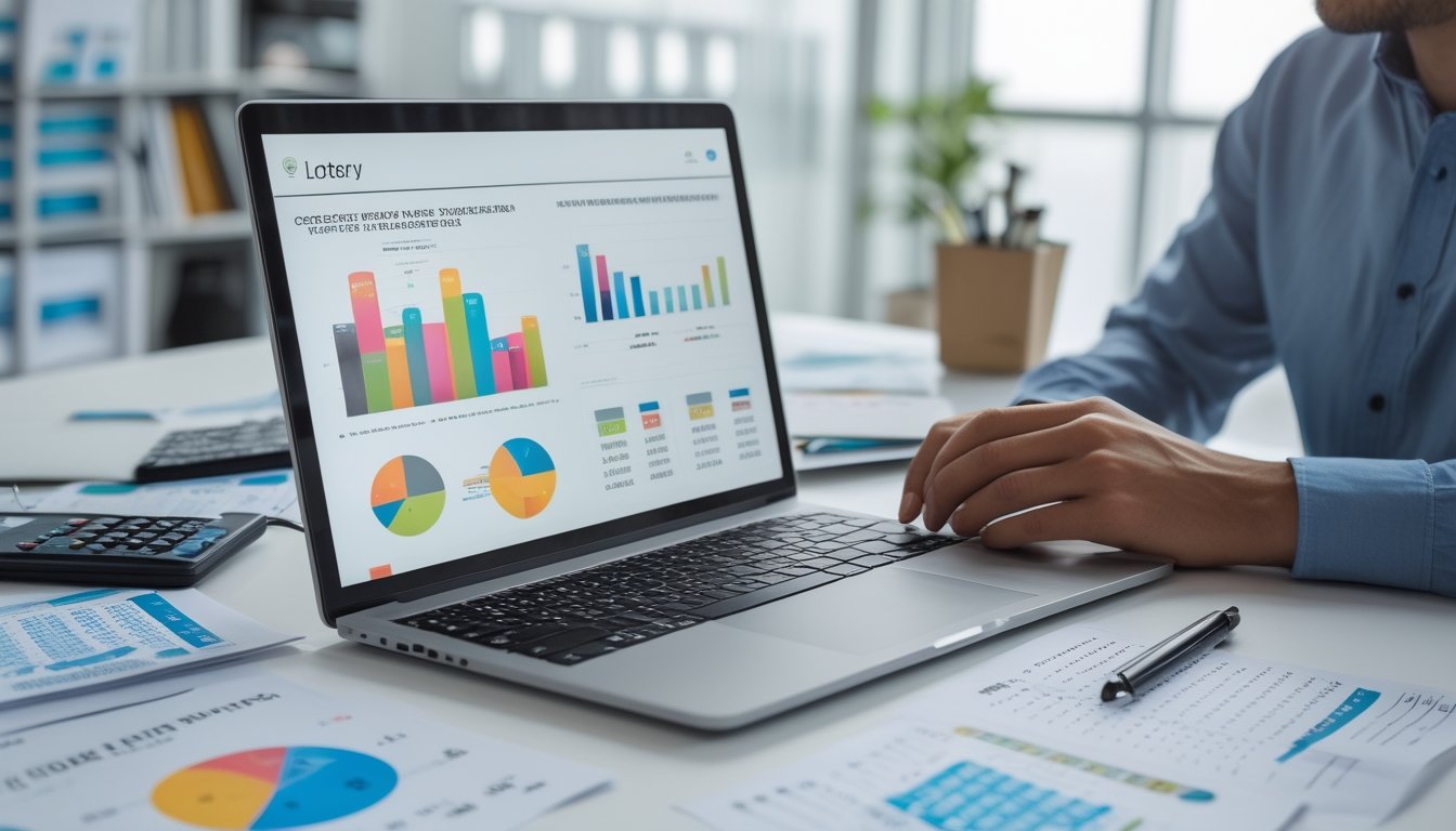 Meja kerja dengan laptop yang menampilkan grafik dan data angka togel, dikelilingi oleh kertas, pena, dan kalkulator di ruangan kantor yang terang.