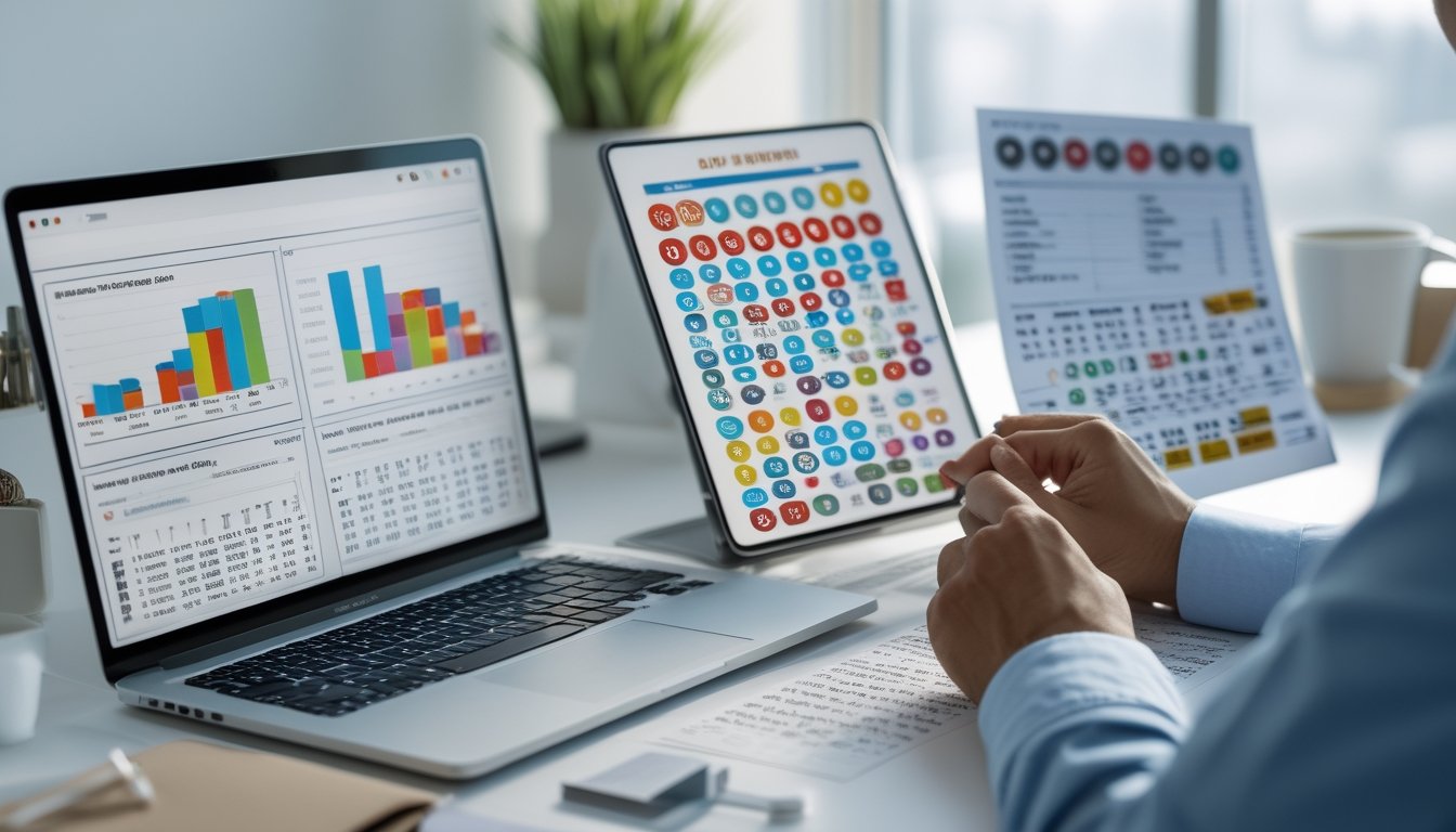 Seseorang sedang menganalisis data angka togel 4D, 3D, dan 2D di meja kerja dengan laptop dan dokumen.