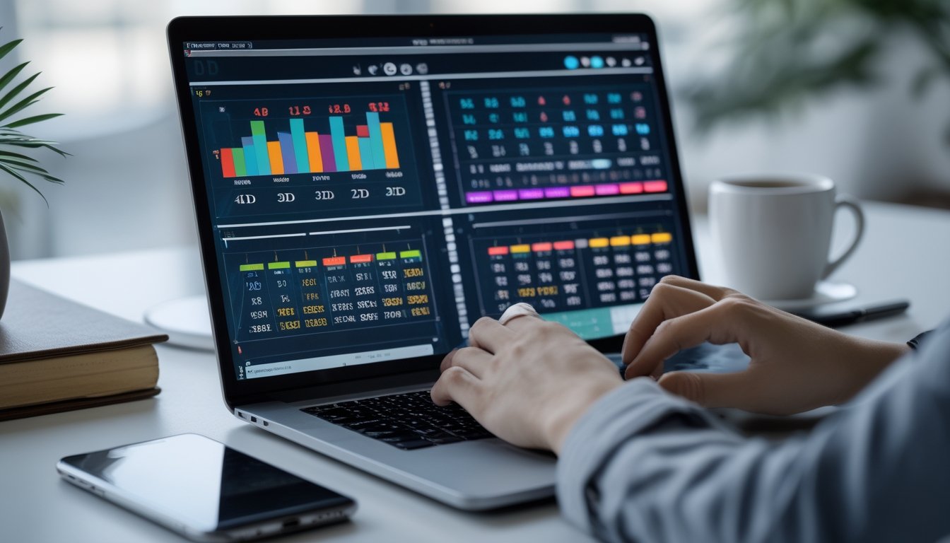 Meja kerja modern dengan laptop yang menampilkan grafik dan angka togel, tangan seseorang sedang menggunakan laptop, di sekitar terdapat ponsel dan buku catatan.