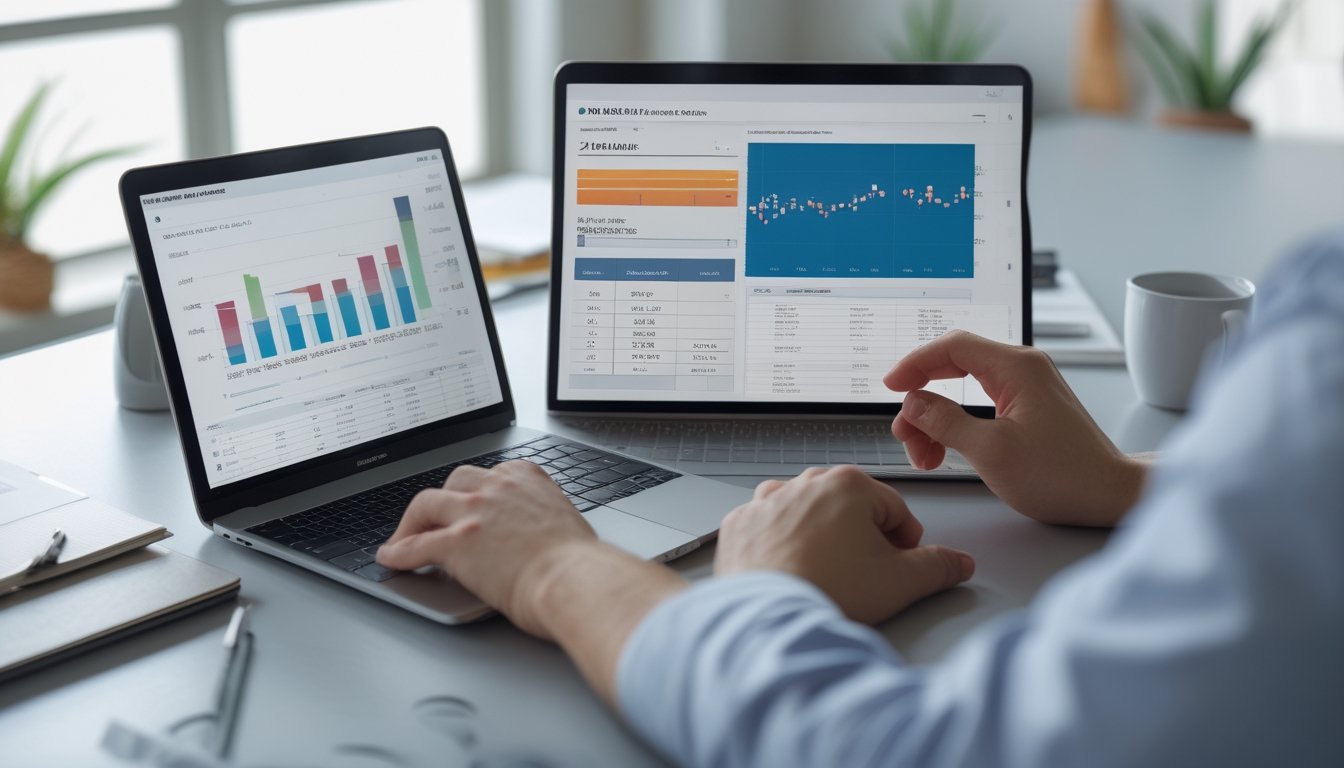Seseorang sedang menganalisis data angka pada perangkat digital di ruang kerja yang rapi.