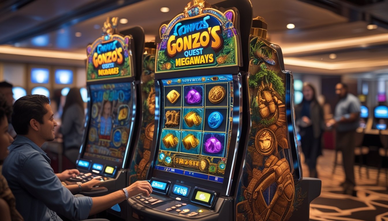 Orang-orang bermain mesin slot bertema petualangan dengan simbol kuno dan koin emas di kasino yang terang dan modern.