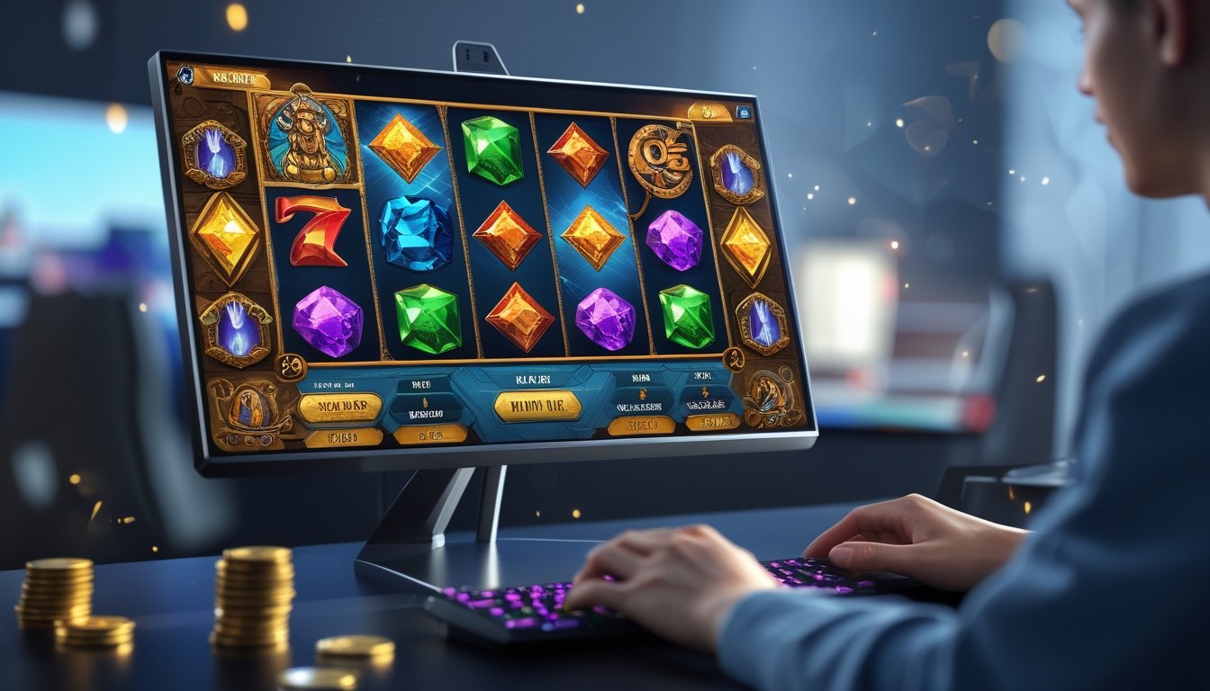 Seorang pemain sedang menggunakan komputer dengan layar menampilkan permainan slot Gonzo's Quest Megaways dengan simbol warna-warni dan efek koin di sekitarnya.