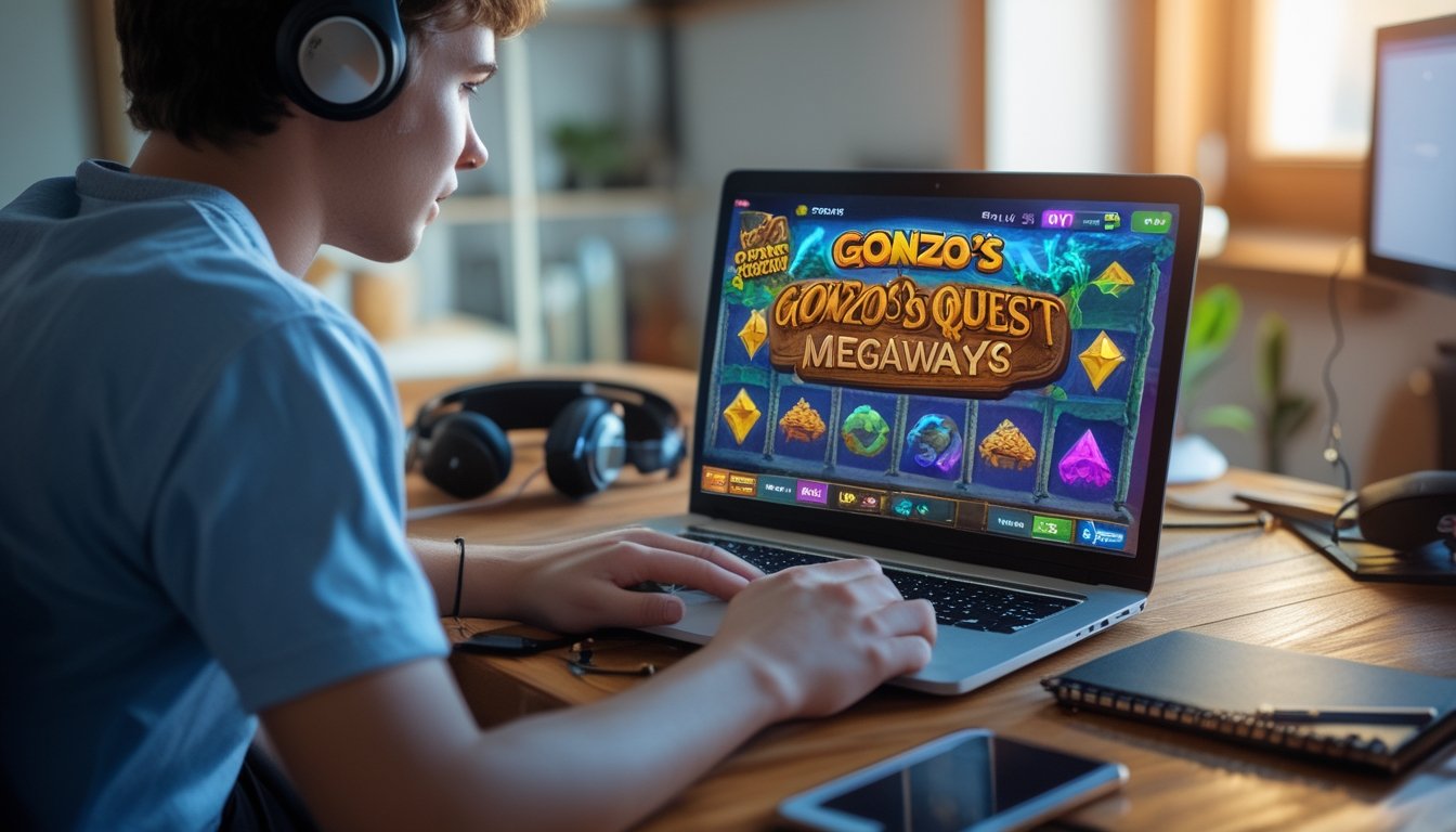 Seorang dewasa muda fokus bermain permainan slot online di laptop di ruangan yang nyaman.