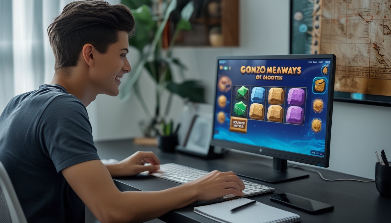 Seorang pemain muda duduk di depan laptop yang menampilkan permainan slot online dengan simbol batu dan harta karun, dikelilingi catatan dan ponsel di meja kerja yang rapi.