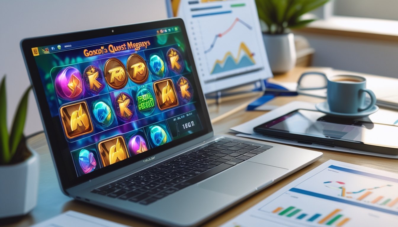 Seorang profesional sedang menganalisis data permainan slot di meja kerja dengan laptop, grafik, dan alat tulis.