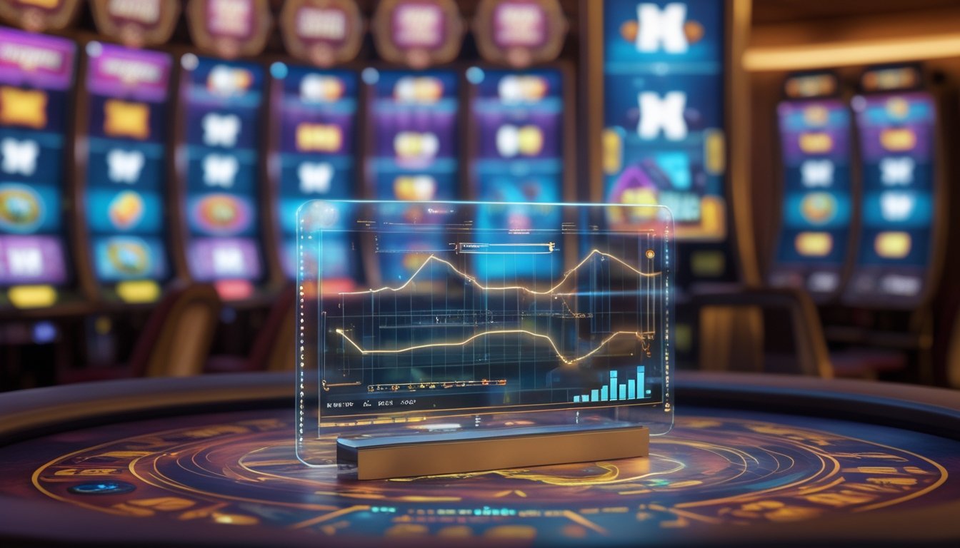 Tampilan meja kasino dengan elemen mesin slot dan grafik data yang menunjukkan analisis peluang menang dan volatilitas.