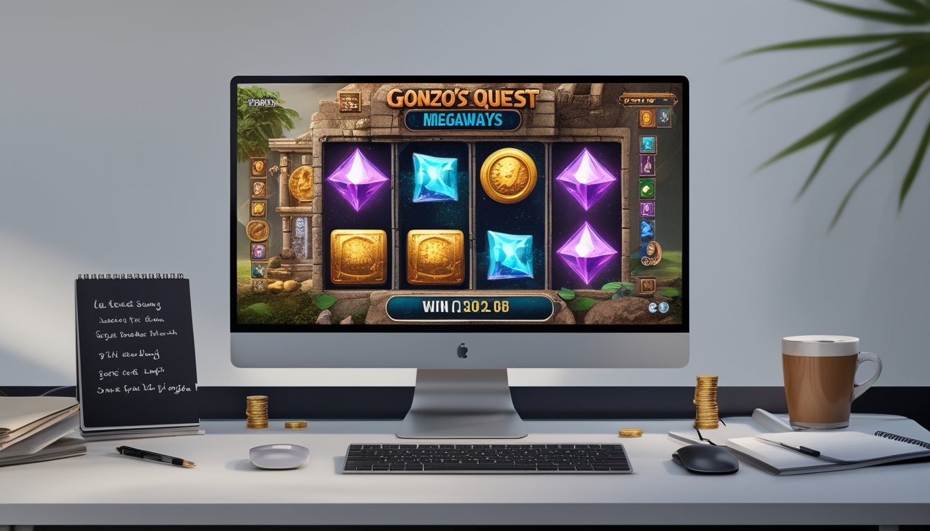 Seorang pemain sedang bermain slot online Gonzo’s Quest Megaways di komputer dengan suasana fokus dan peralatan tulis di meja.
