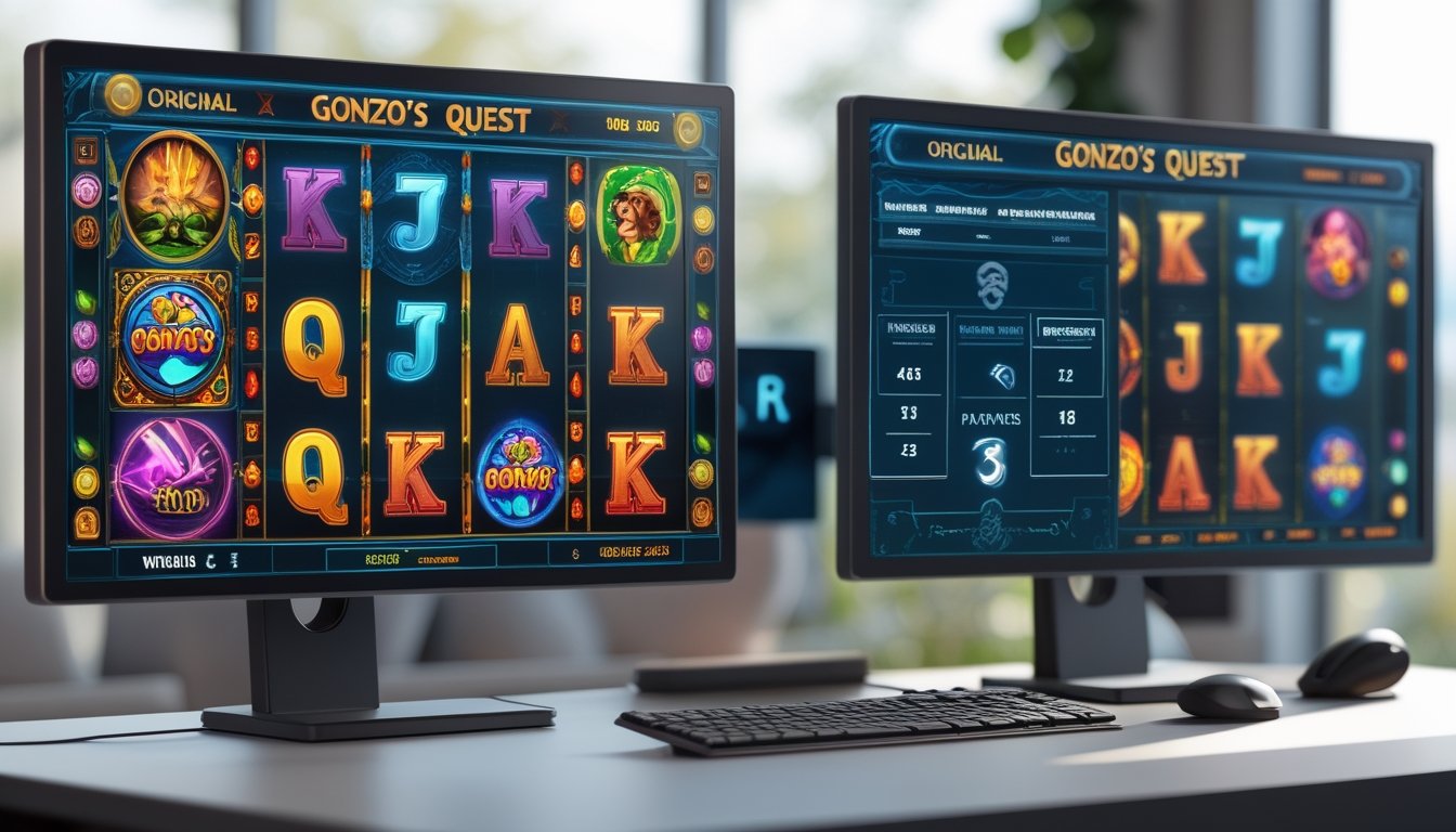 Dua monitor komputer berdampingan menampilkan perbedaan visual dua versi permainan slot dengan grafik warna-warni dan elemen permainan yang berbeda.