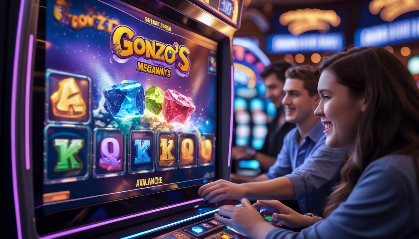 Orang-orang bermain mesin slot Gonzo’s Quest Megaways dengan simbol warna-warni yang jatuh di layar, menunjukkan fitur avalanche sedang aktif.