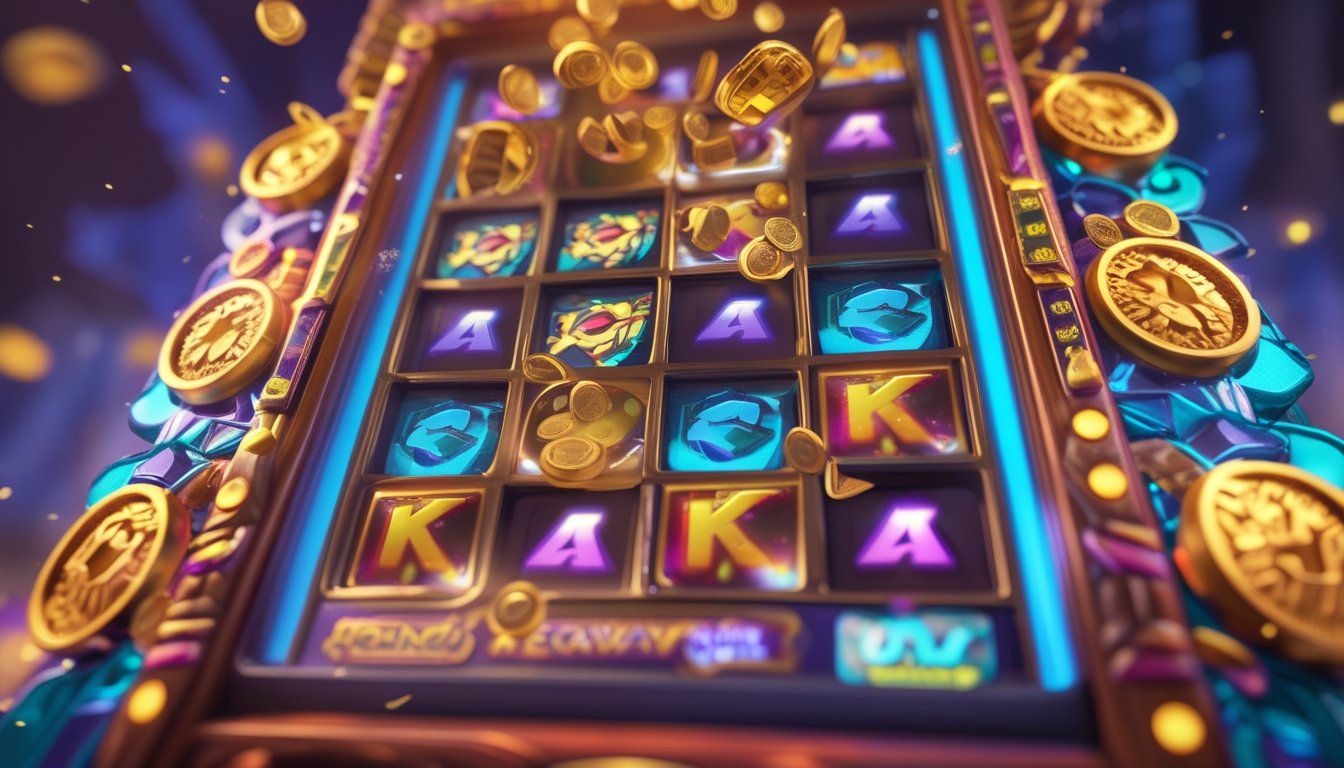 Layar mesin slot dengan simbol jatuh dan koin emas di latar belakang.