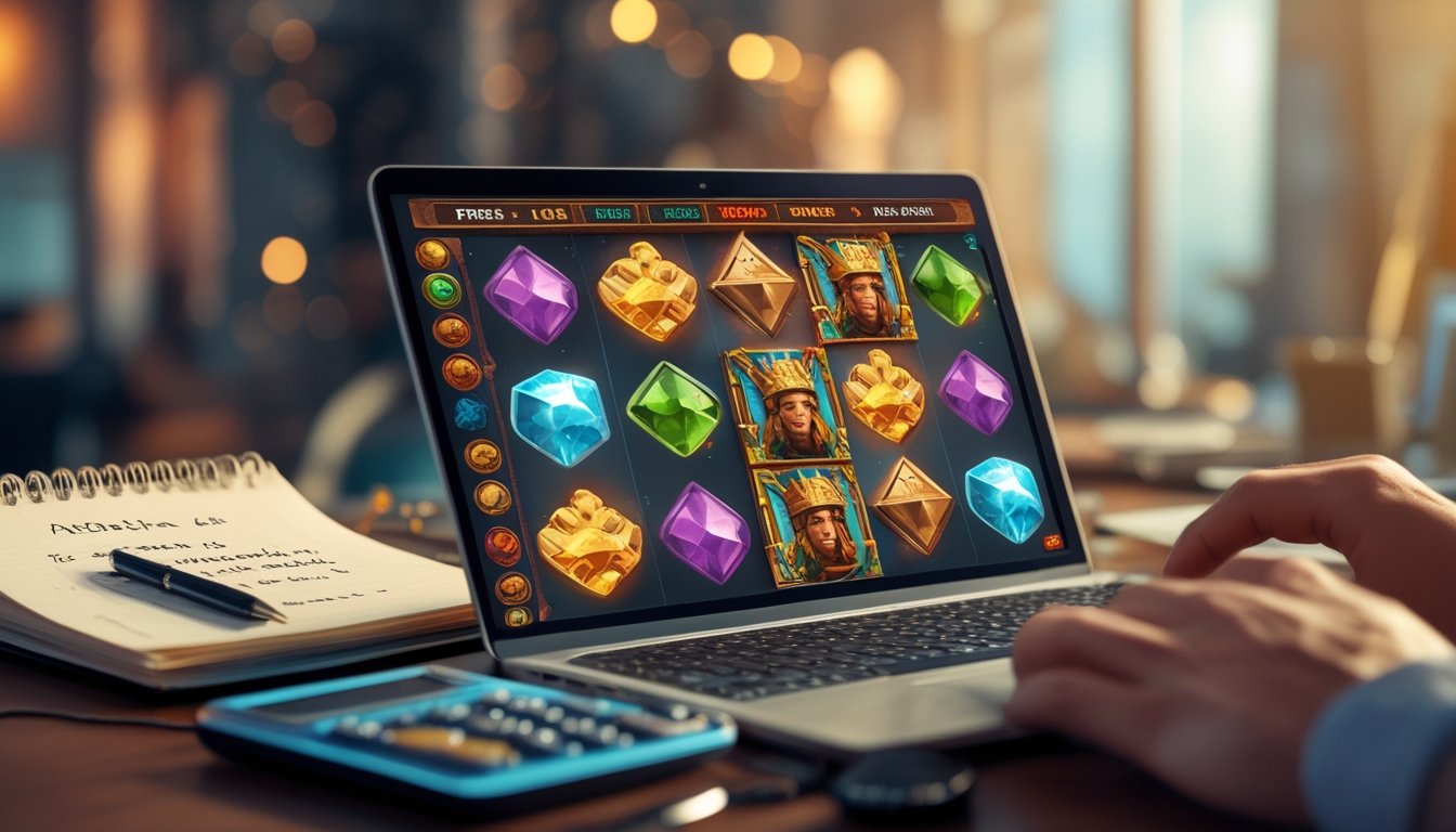 Seorang pemain menggunakan laptop dengan tampilan permainan slot bertema Aztec, dikelilingi alat tulis dan kalkulator untuk merencanakan strategi.