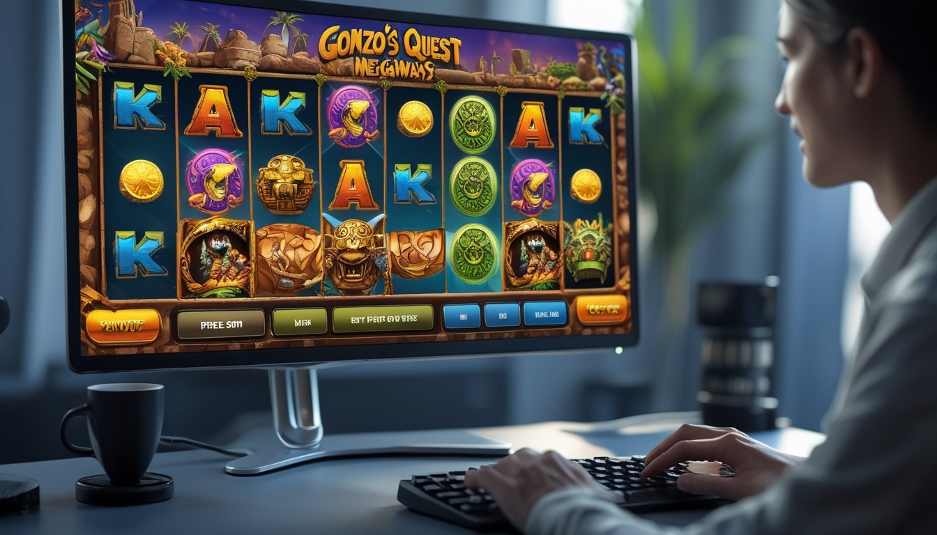 Seorang pemain fokus bermain game slot Gonzo’s Quest Megaways di depan komputer dengan layar menampilkan simbol-simbol permainan yang berwarna-warni.