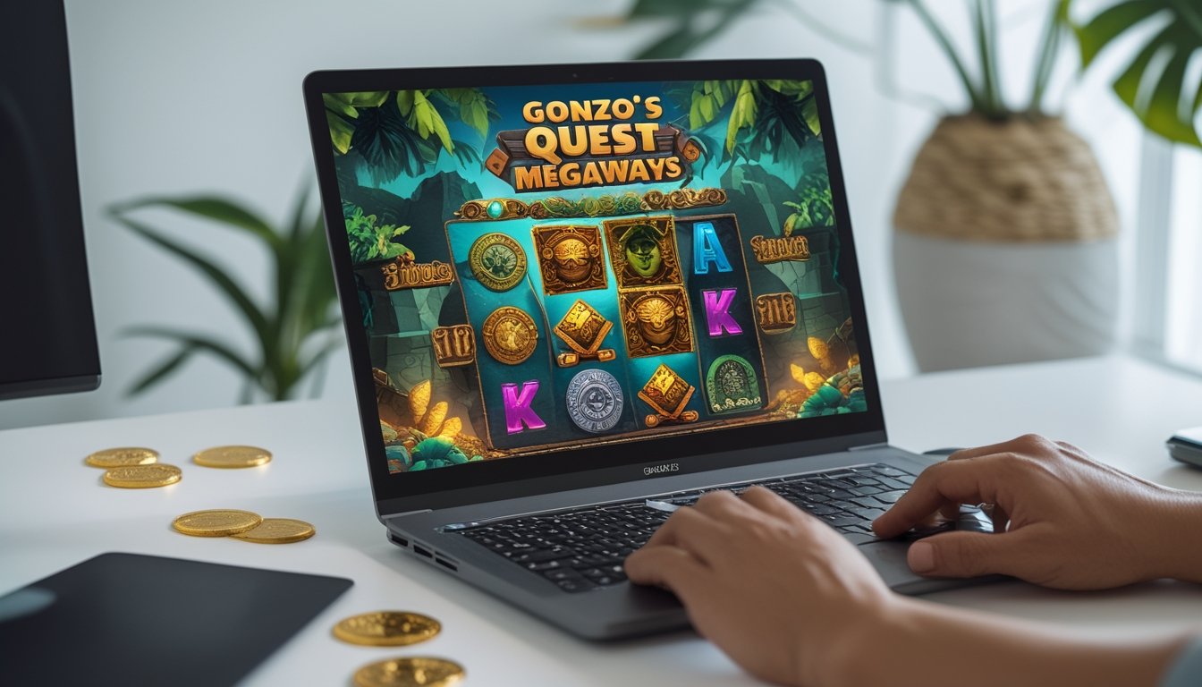 Seseorang sedang bermain permainan slot online dengan latar belakang hutan dan kuil kuno di layar komputer.