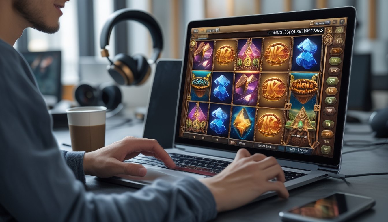 Seorang dewasa muda sedang bermain game slot demo Gonzo’s Quest Megaways di laptop di ruang kerja yang nyaman.