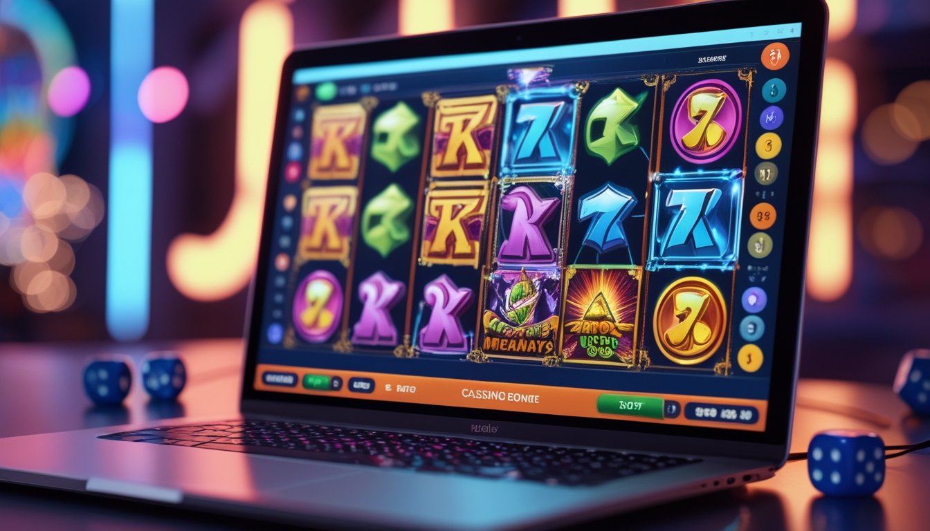Sebuah layar komputer menampilkan permainan slot Gonzo’s Quest Megaways dengan simbol scatter dan bonus, dikelilingi oleh chip kasino dan suasana pencahayaan hangat.