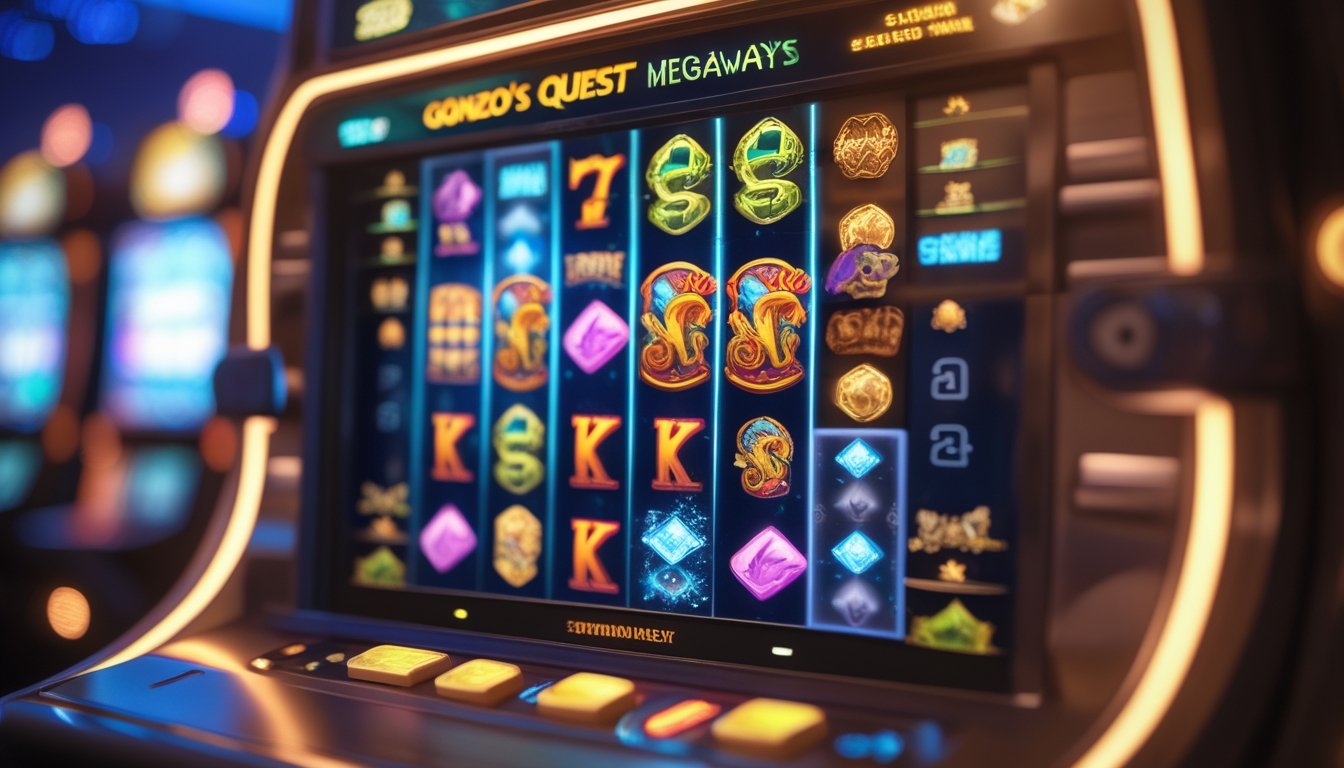 Mesin slot Gonzo’s Quest Megaways dengan simbol warna-warni dan latar belakang kasino yang hangat dan menarik.