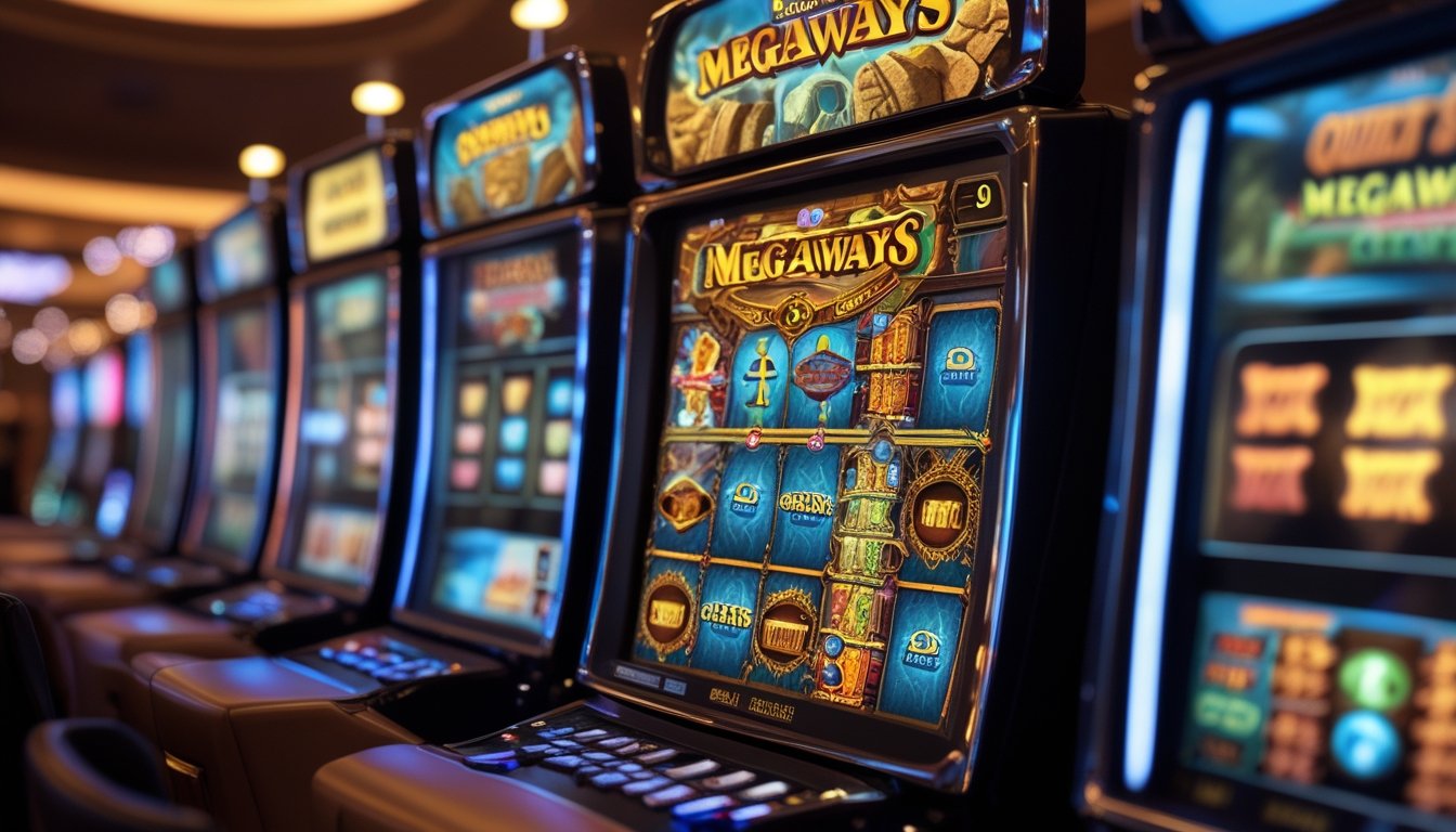 Suasana kasino dengan beberapa mesin slot Megaways, menampilkan mesin slot Gonzo’s Quest dengan tema petualangan dan simbol warna-warni di tengah, dikelilingi oleh mesin slot Megaways lainnya.