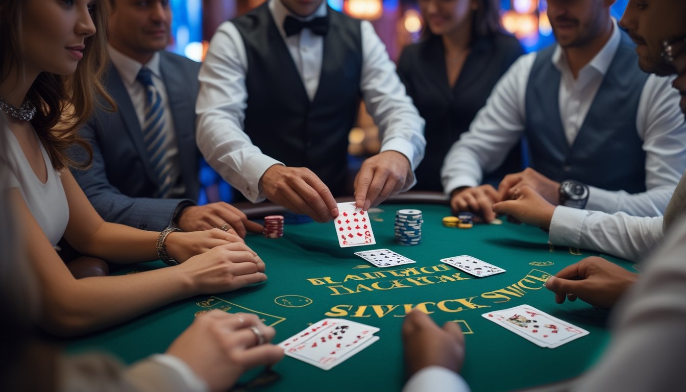 Seorang dealer membagikan kartu kepada beberapa pemain di meja Blackjack Switch di kasino.