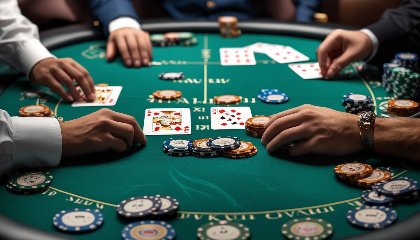 Meja kasino dengan kartu dan tumpukan chip yang menunjukkan permainan Blackjack Switch.