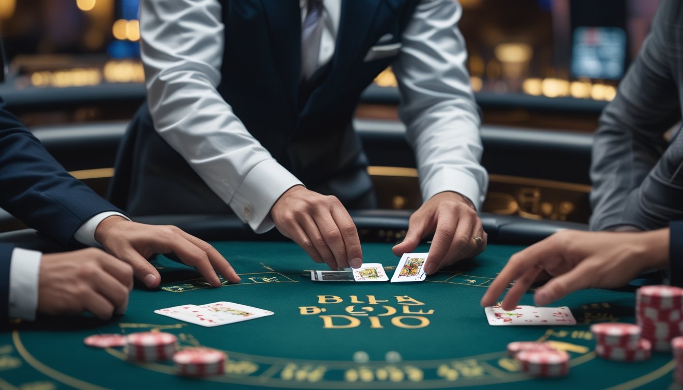Seorang pemain di meja blackjack switch di kasino, sedang menganalisis kartu dengan tumpukan chip di meja.