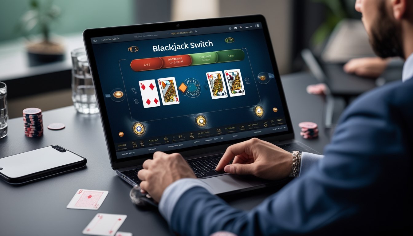 Seorang pemain fokus memainkan permainan blackjack online dengan dua tangan kartu di layar komputer, dikelilingi oleh chip poker dan perangkat digital.
