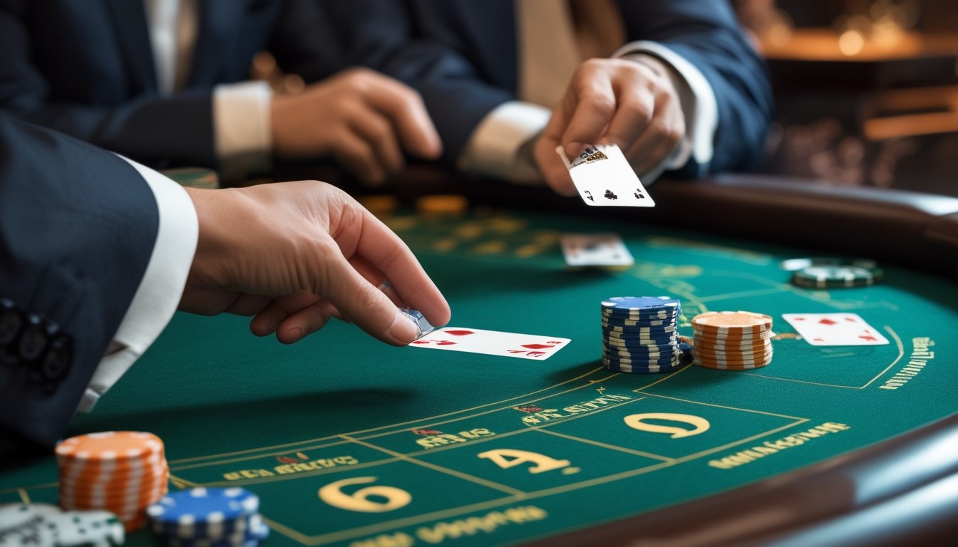 Meja blackjack di kasino dengan tangan dealer yang sedang menukar kartu antara dua tangan pemain dalam permainan Blackjack Switch.