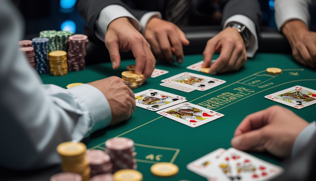 Meja kasino dengan permainan Blackjack Switch sedang berlangsung, menampilkan kartu dan chip di atas meja hijau.