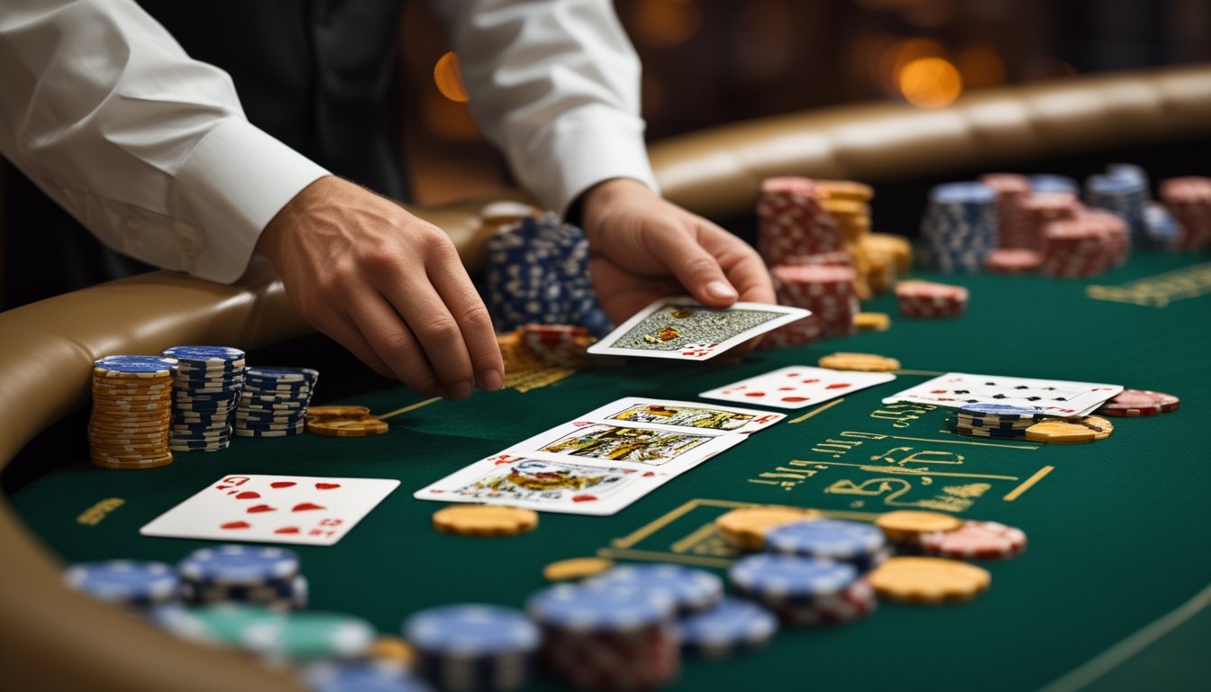 Meja blackjack di kasino dengan kartu dan tumpukan chip, serta tangan dealer yang sedang membagikan kartu.